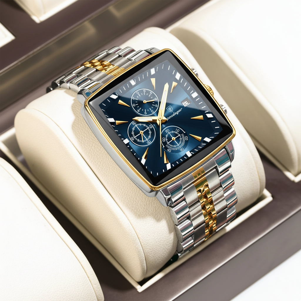 Square Chronograph Watch – Numberless Dial with Hidden Clasp Bracelet