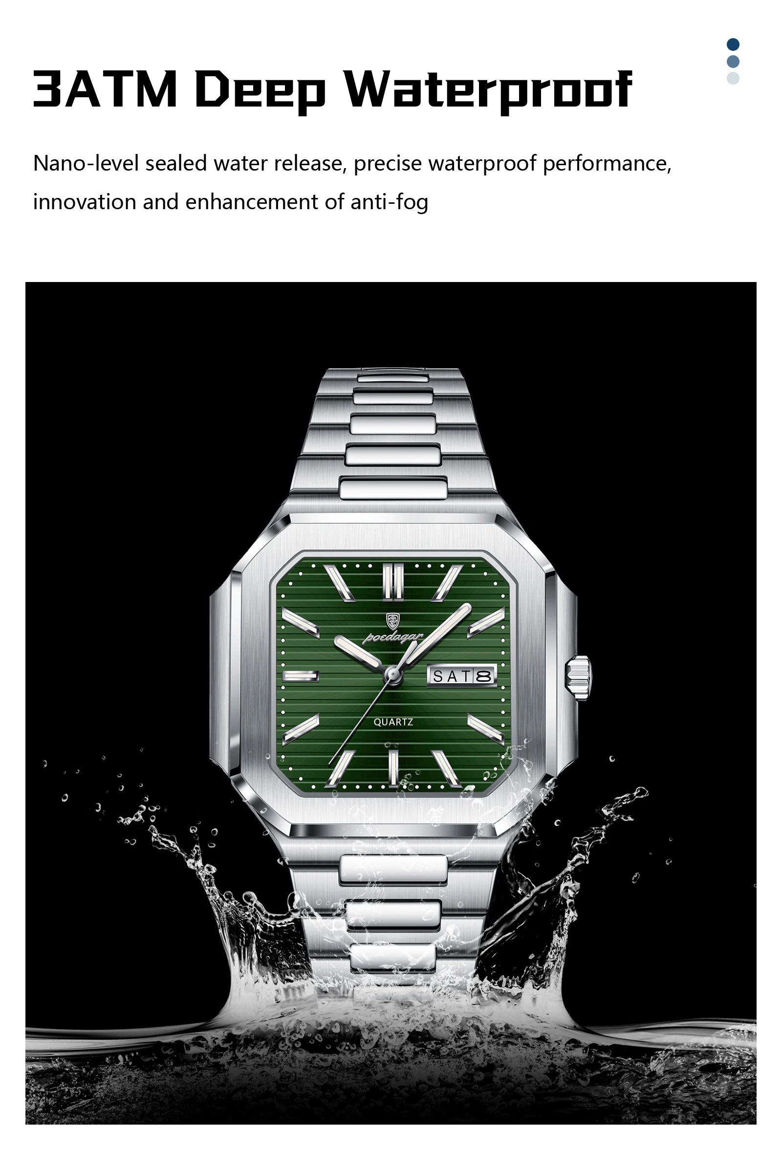 Square Stainless Steel Watch – Luminous Numberless Dial with Hidden Clasp