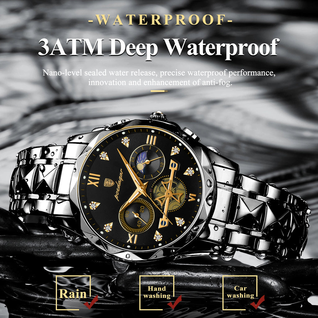 Round Chronograph Watch – Roman Numeral Dial with Hidden Clasp Bracelet