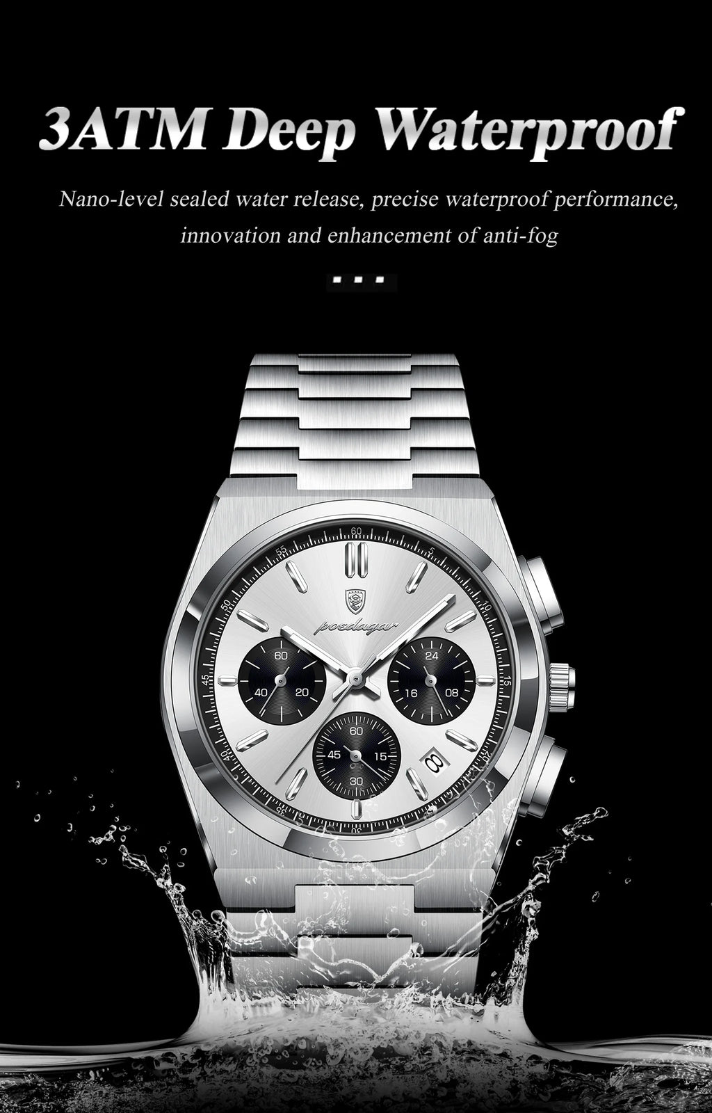 Chronograph Watch – Luminous Numberless Dial with Hidden Clasp