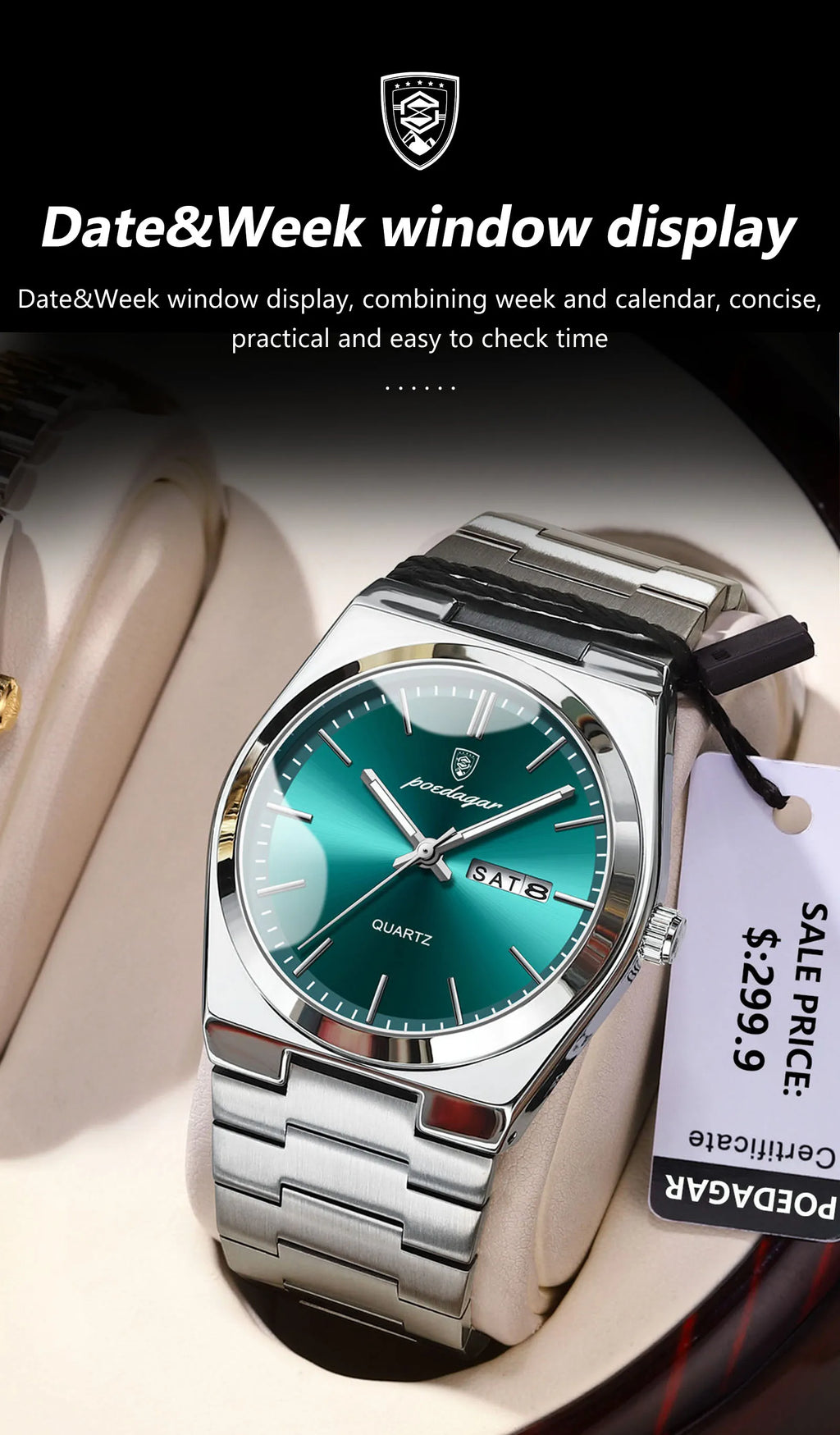 Full Calendar Sport Watch – Luminous Dial with Hidden Clasp Bracelet