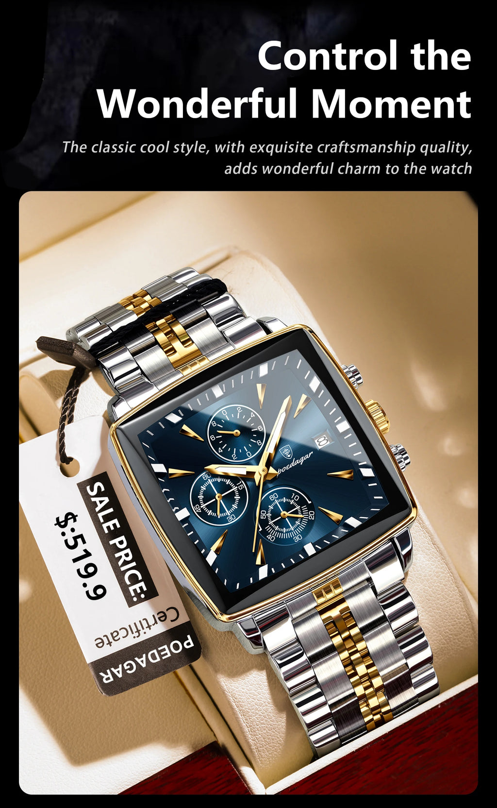 Square Chronograph Watch – Numberless Dial with Hidden Clasp Bracelet