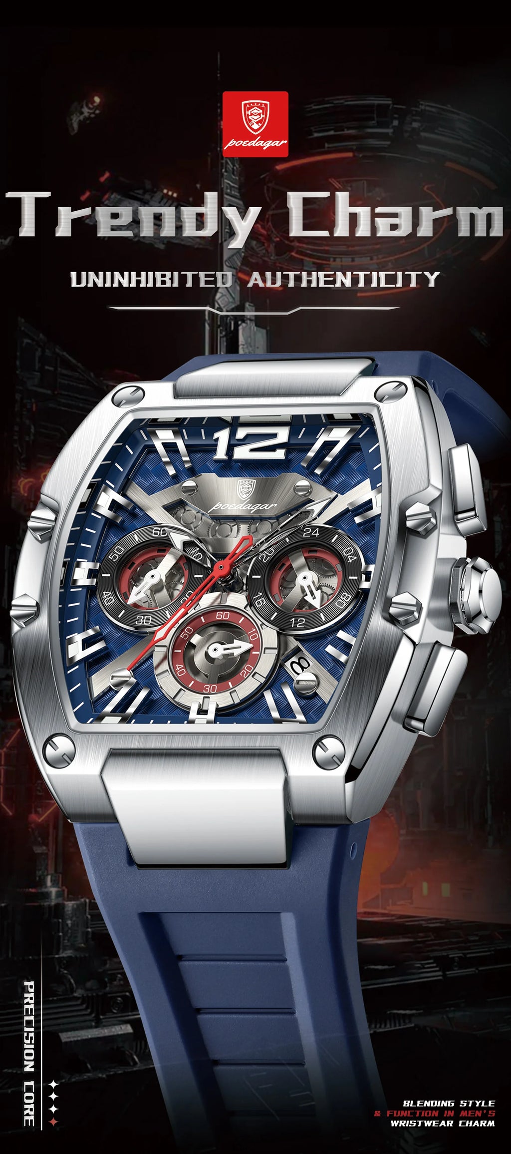 Tonneau Chronograph Watch – Luminous Arabic Dial with Silicone Strap
