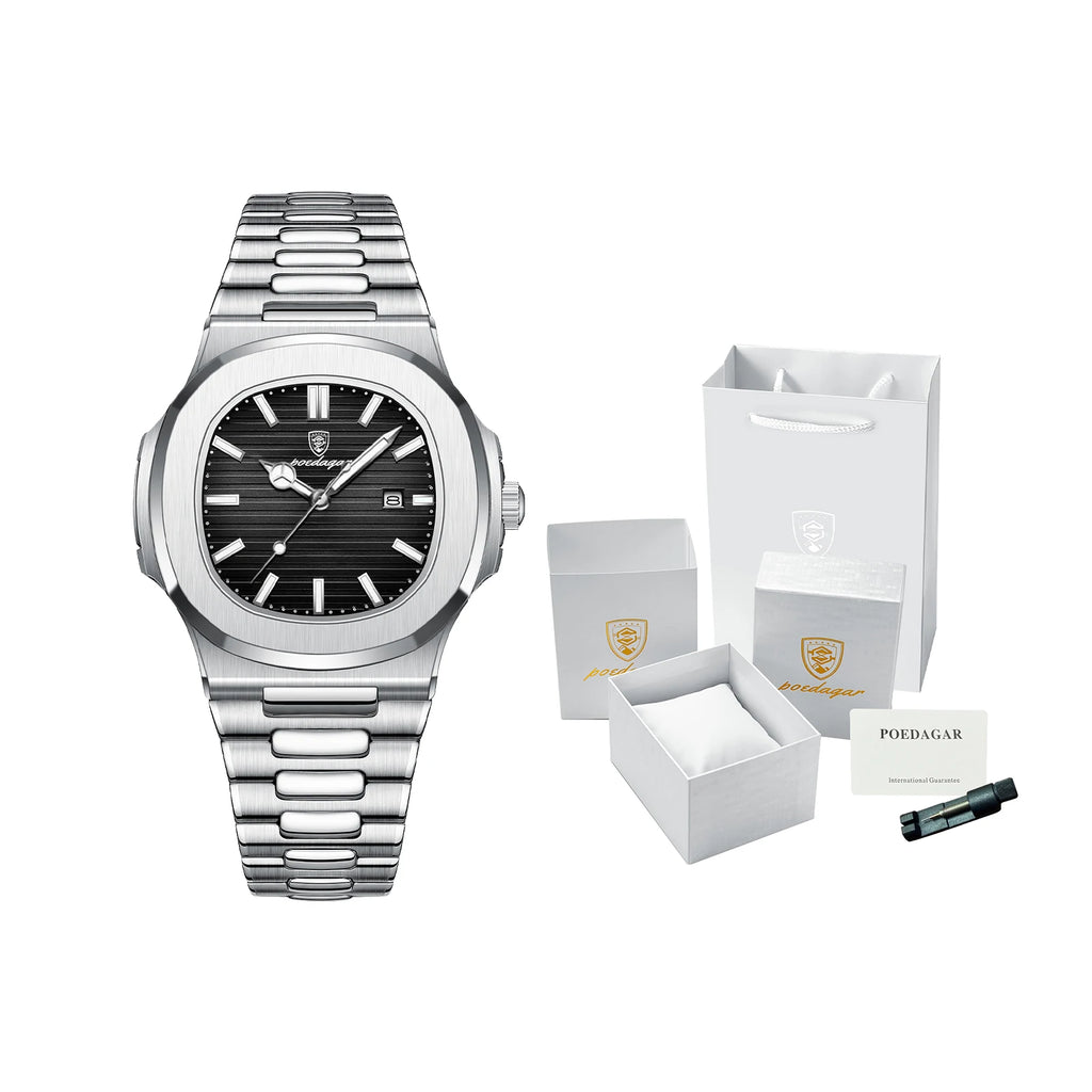 Square Stainless Steel Gift Set – Date Display with Luminous Dial & Hidden Clasp