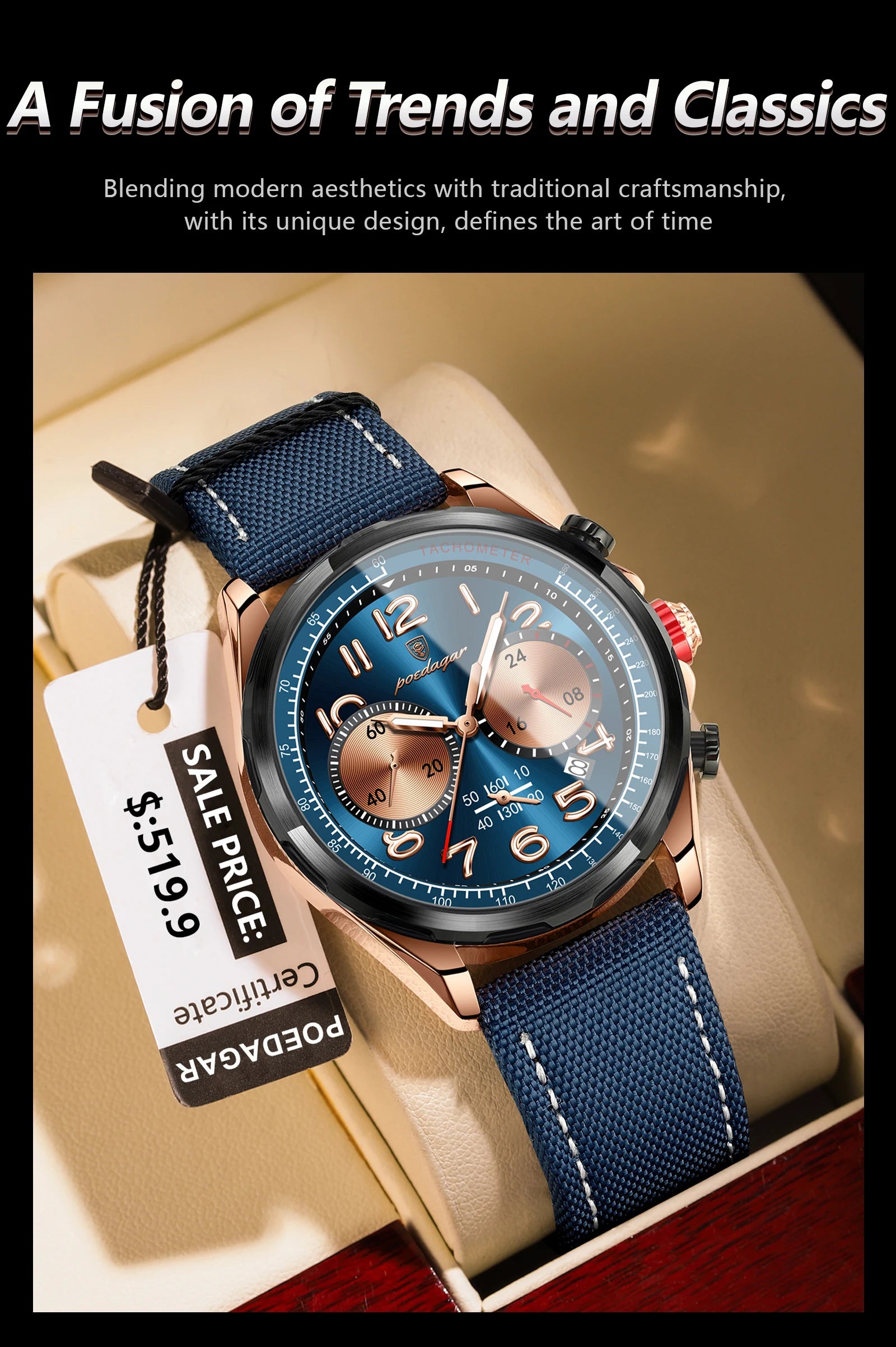 Chronograph Watch with Nylon Strap – Complete Calendar & Luminous Arabic Dial