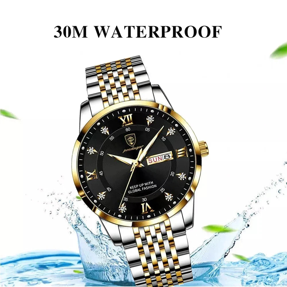 Full Calendar Chronograph Watch – Roman Numeral Dial with Hidden Clasp Bracelet
