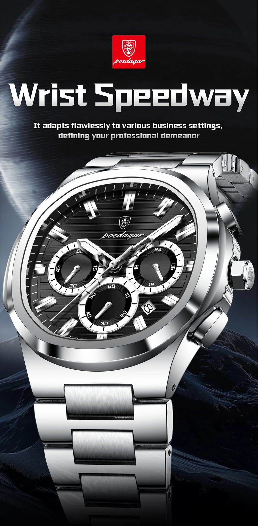 Square Chronograph Watch – Large Numberless Dial with Hidden Clasp Bracelet