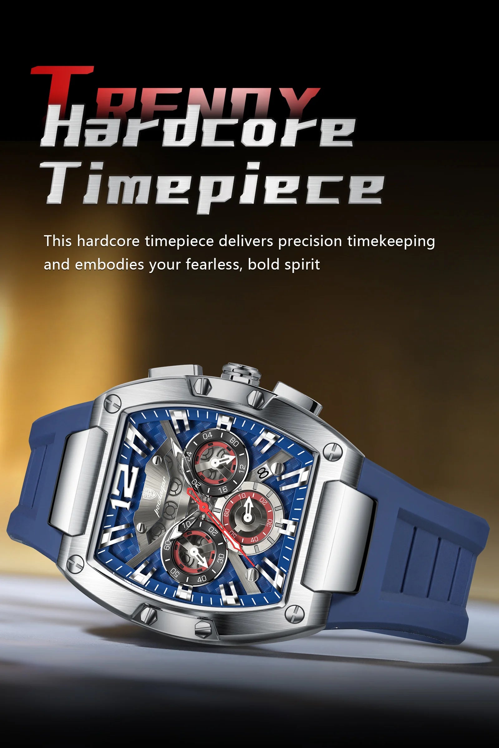 Bold Tonneau Timepiece – Luminous Chronograph with Premium Silicone Strap