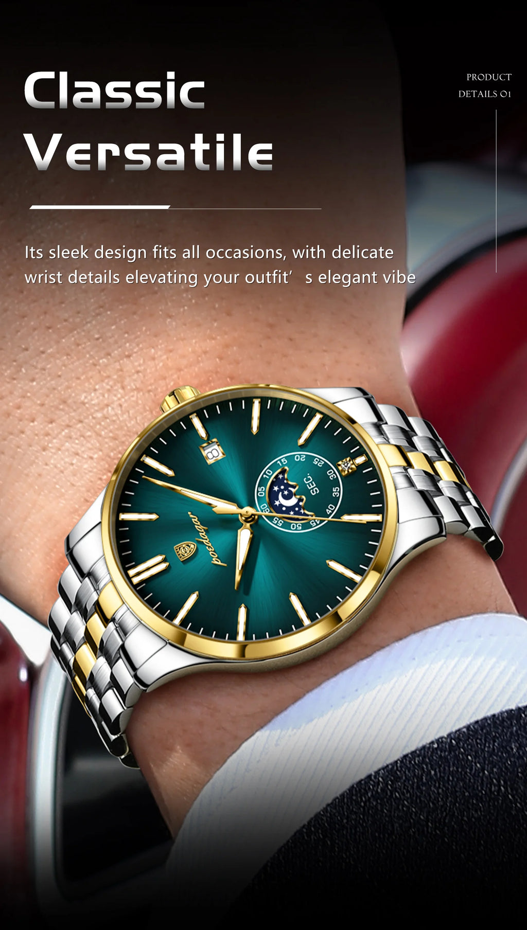 Round Business Chronograph – Slim Stainless Steel Watch with Luminous Hands & Date