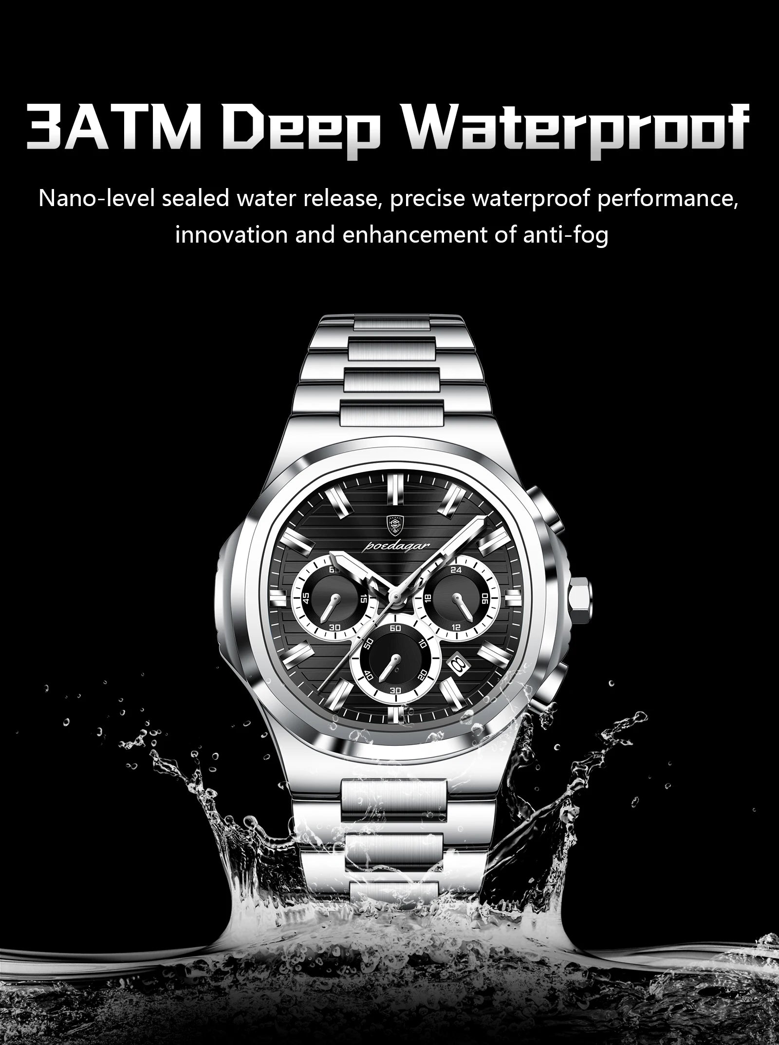 Square Chronograph Watch – Large Numberless Dial with Hidden Clasp Bracelet