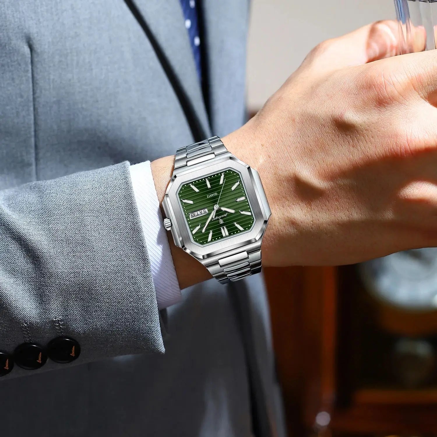 Square Stainless Steel Watch – Luminous Numberless Dial with Hidden Clasp
