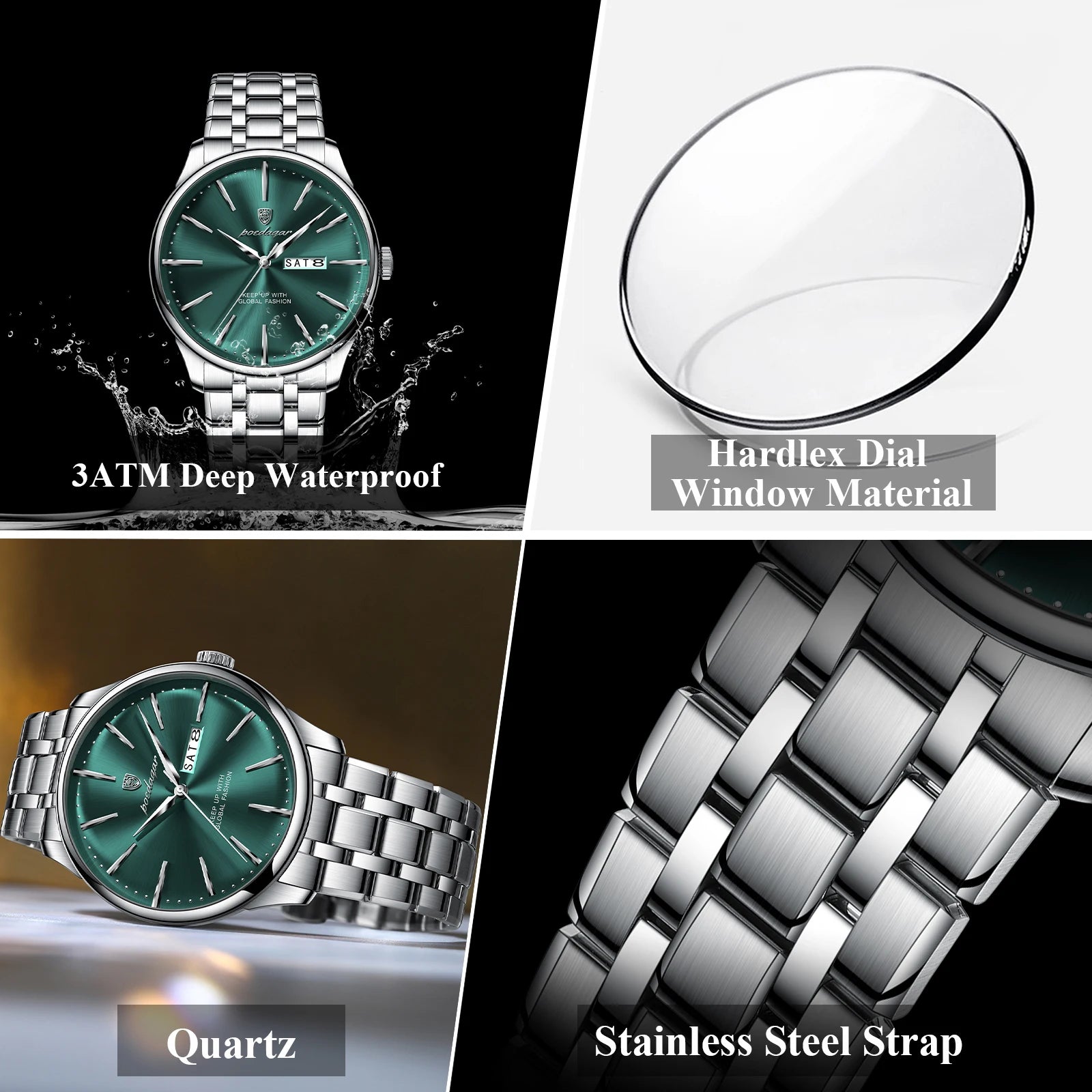Full Calendar Stainless Steel Watch – Date & Week Display with Hidden Clasp