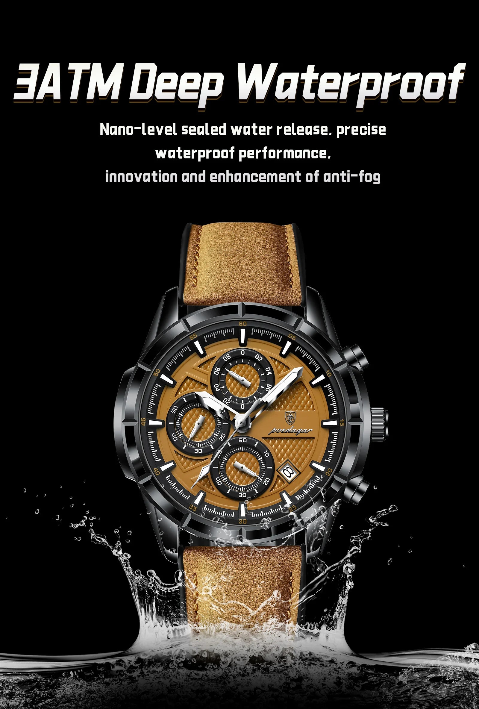 Large Chronograph Watch – Arabic Dial with Leather Strap & Date