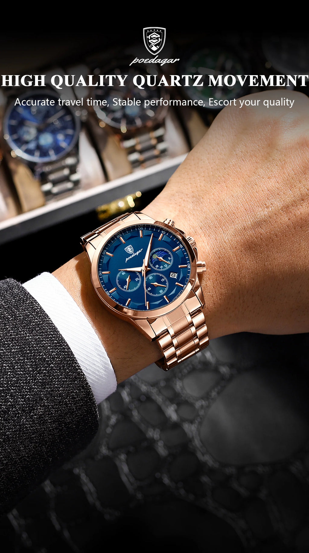 Moon Phase Full Calendar Watch – Luminous Dial with Stainless Steel Bracelet