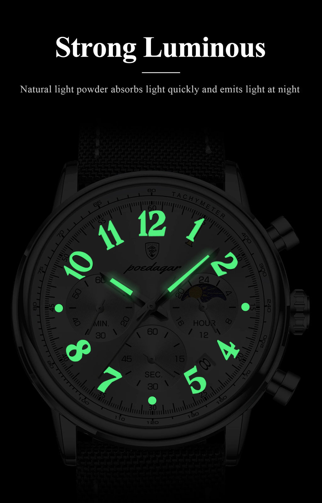 Classic Chronograph Watch – Luminous Arabic Dial with Nylon Strap