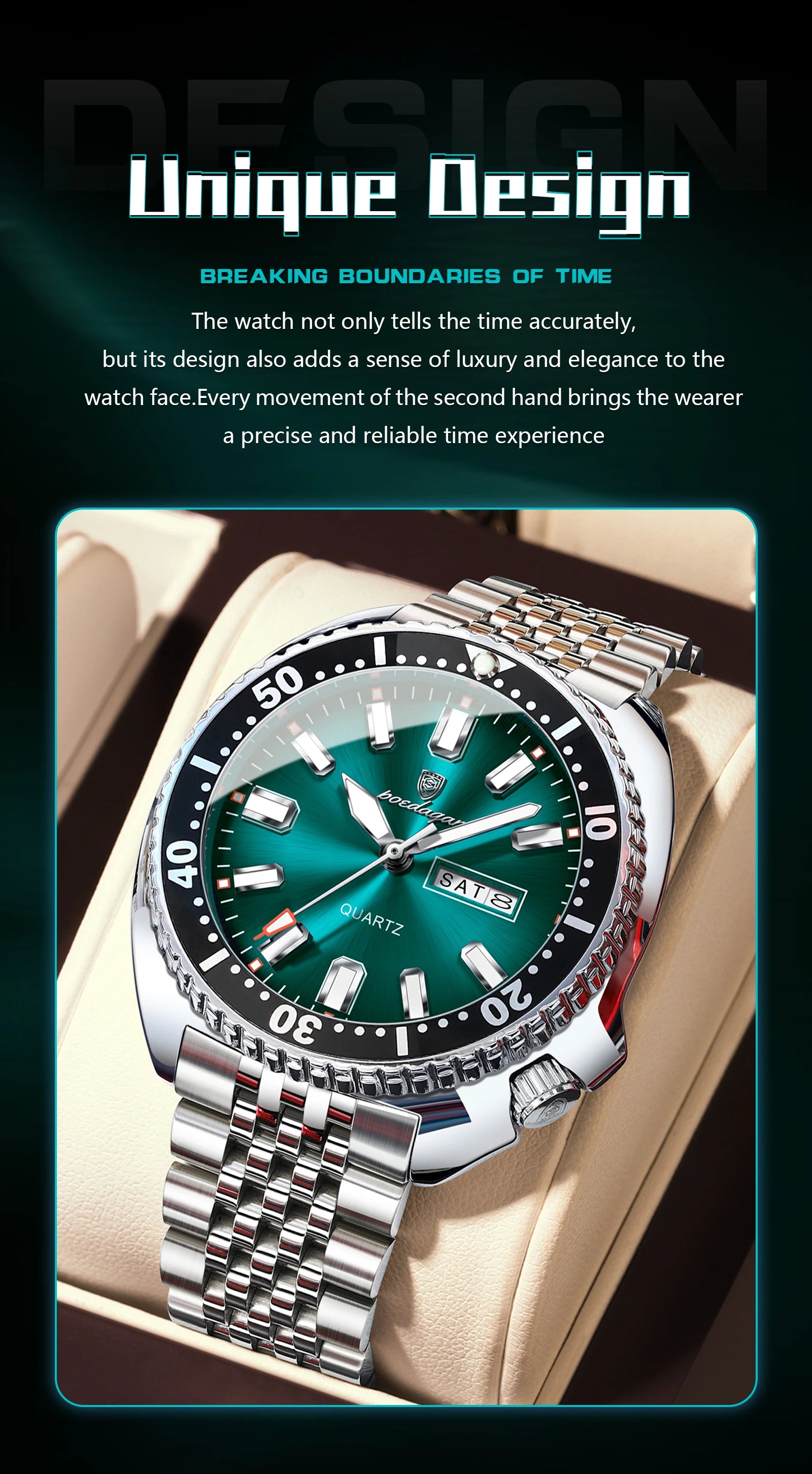 Large Full Calendar Watch – Luminous Dial with Hidden Clasp Bracelet