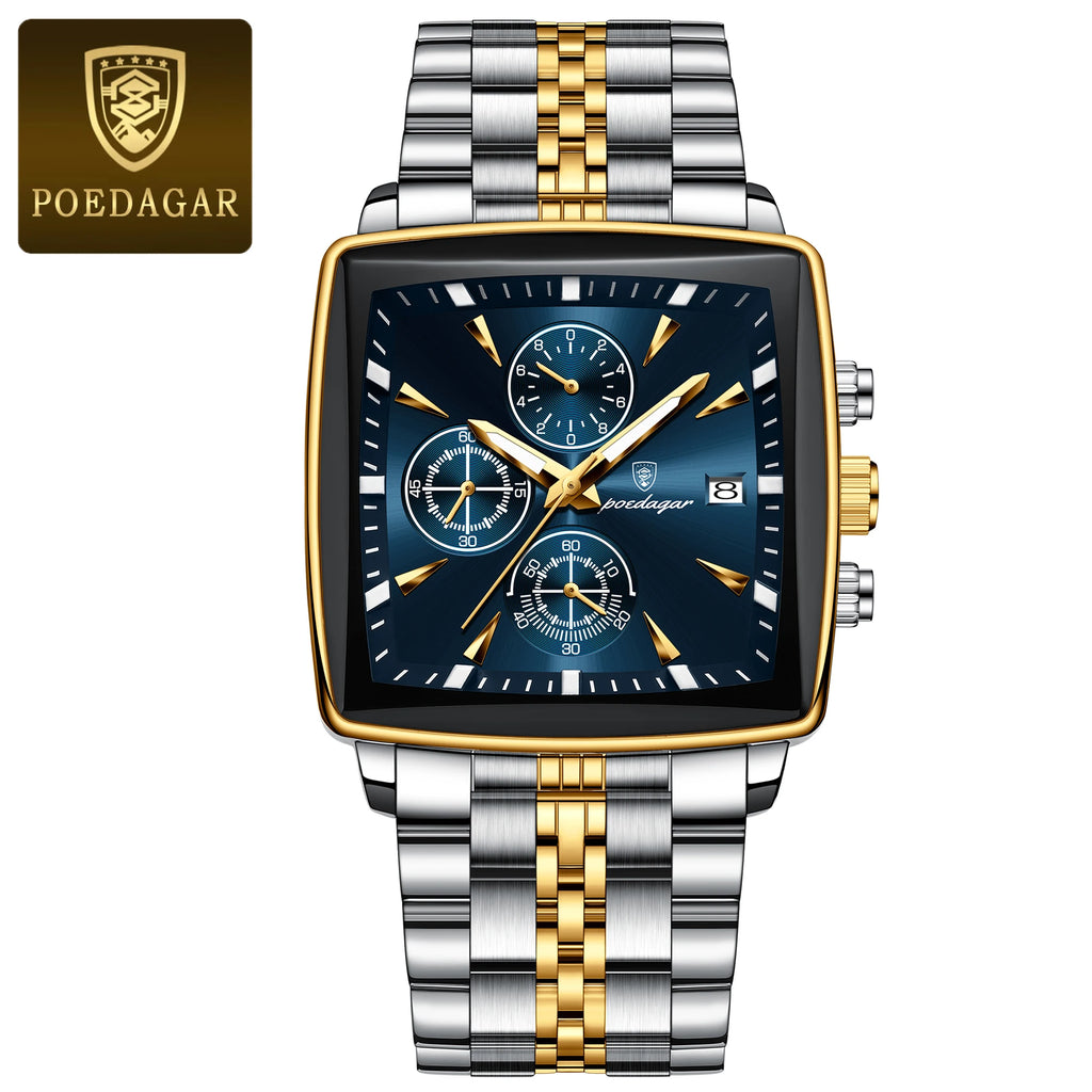 Square Chronograph Watch – Numberless Dial with Hidden Clasp Bracelet