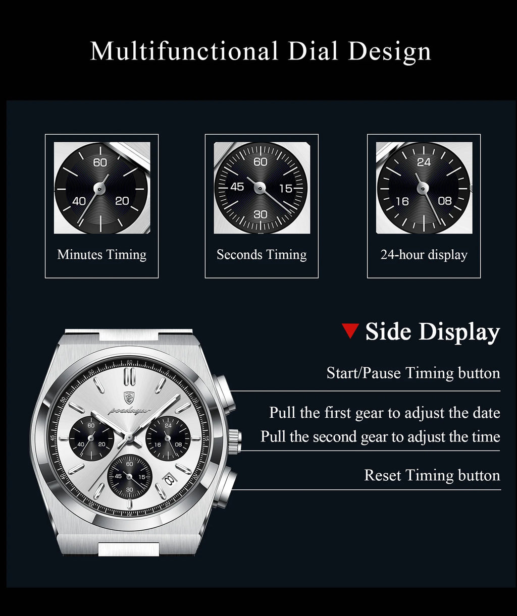 Chronograph Watch – Luminous Numberless Dial with Hidden Clasp