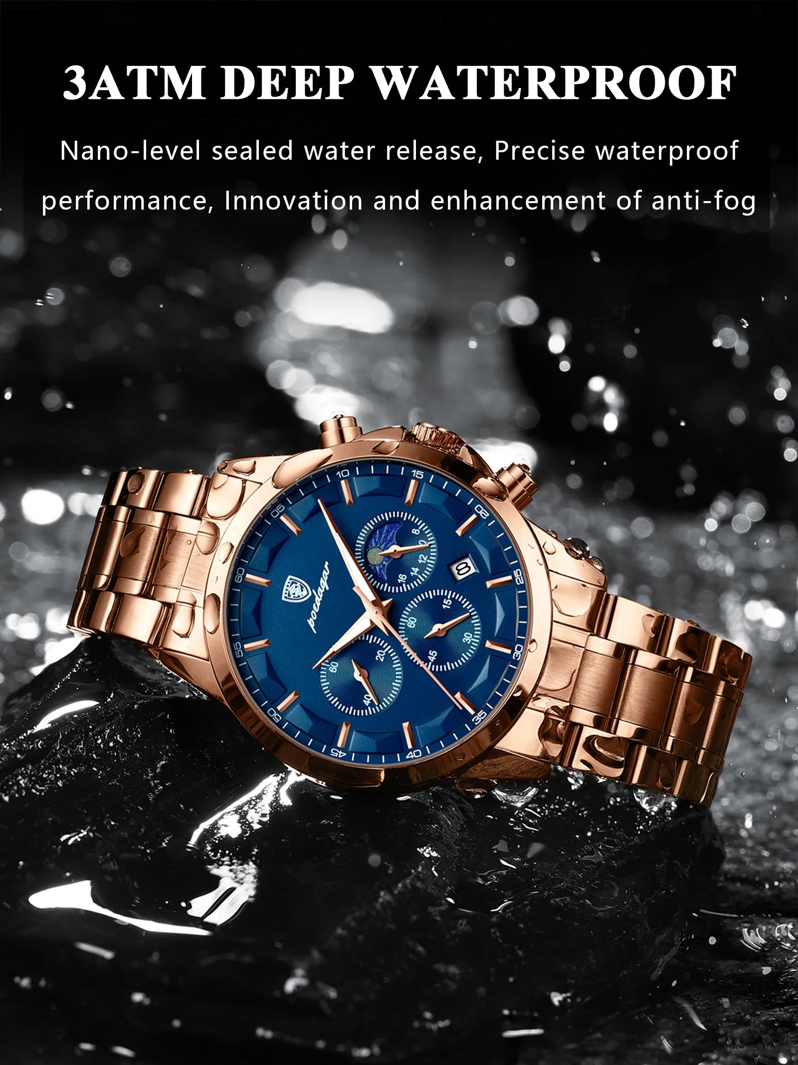 Moon Phase Full Calendar Watch – Luminous Dial with Stainless Steel Bracelet
