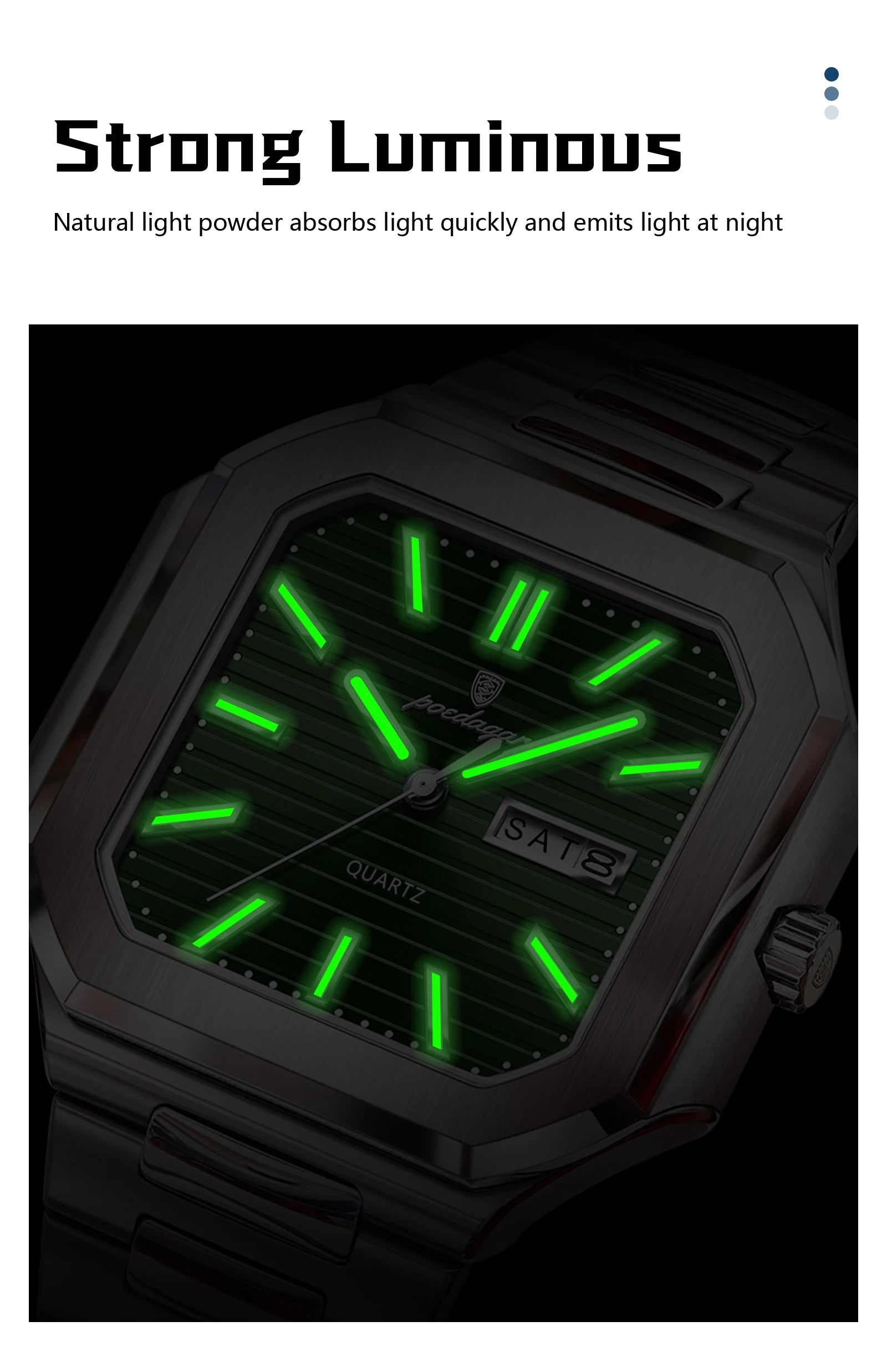 Square Stainless Steel Watch – Luminous Numberless Dial with Hidden Clasp