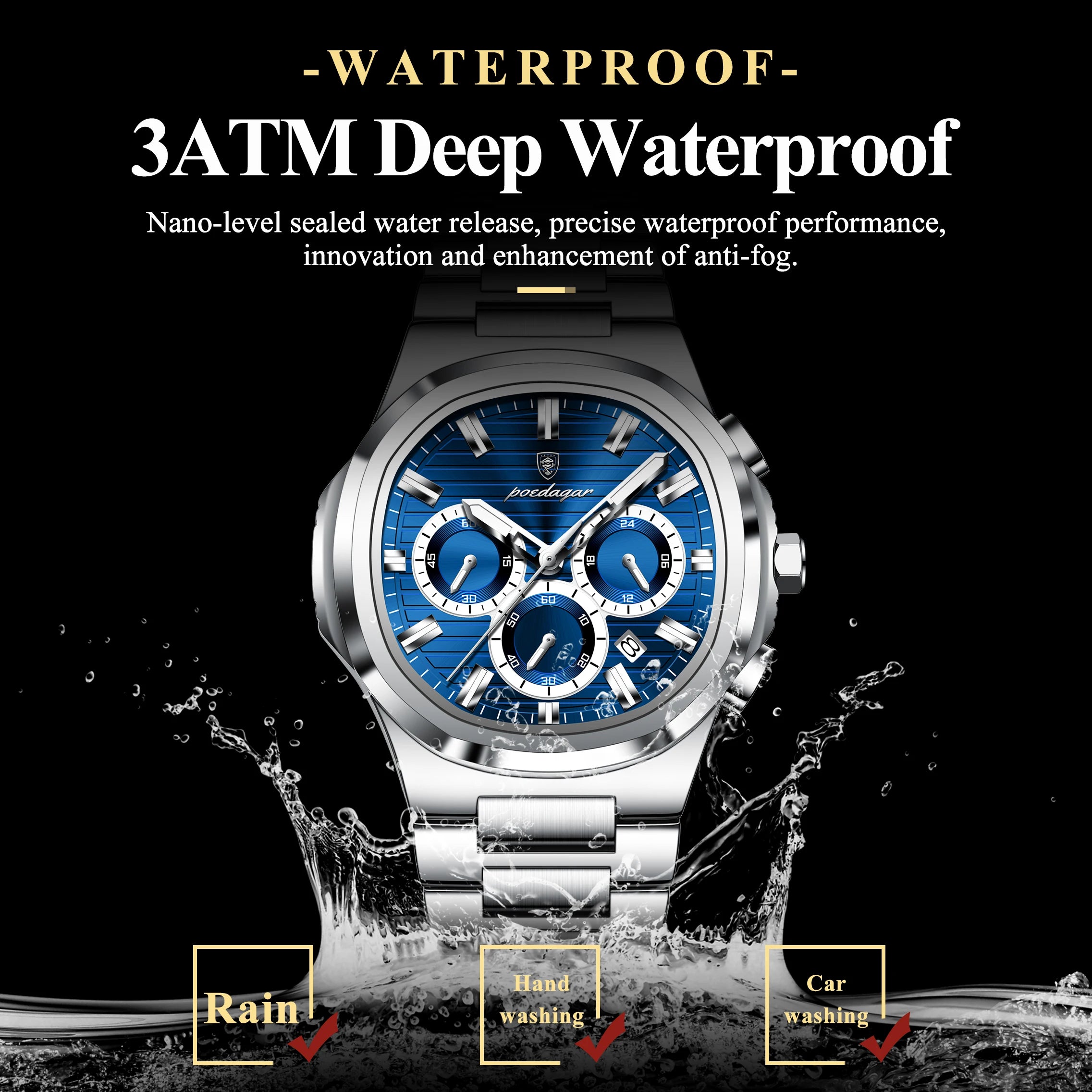 Square Chronograph Watch – Luxe Leather Strap with Luminous Dial & Date