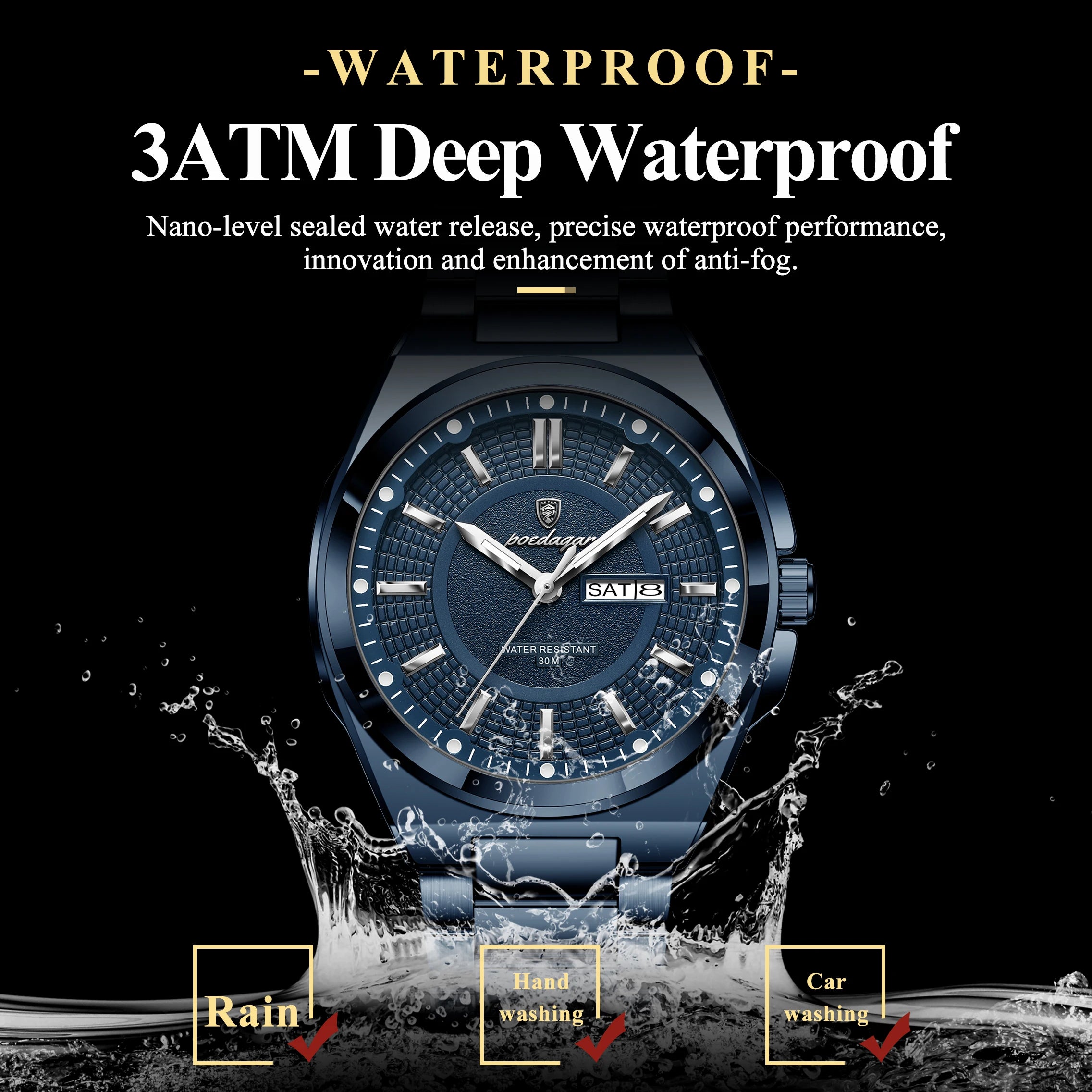 Full Calendar Sport Watch – Luminous Dial with Hidden Clasp Bracelet