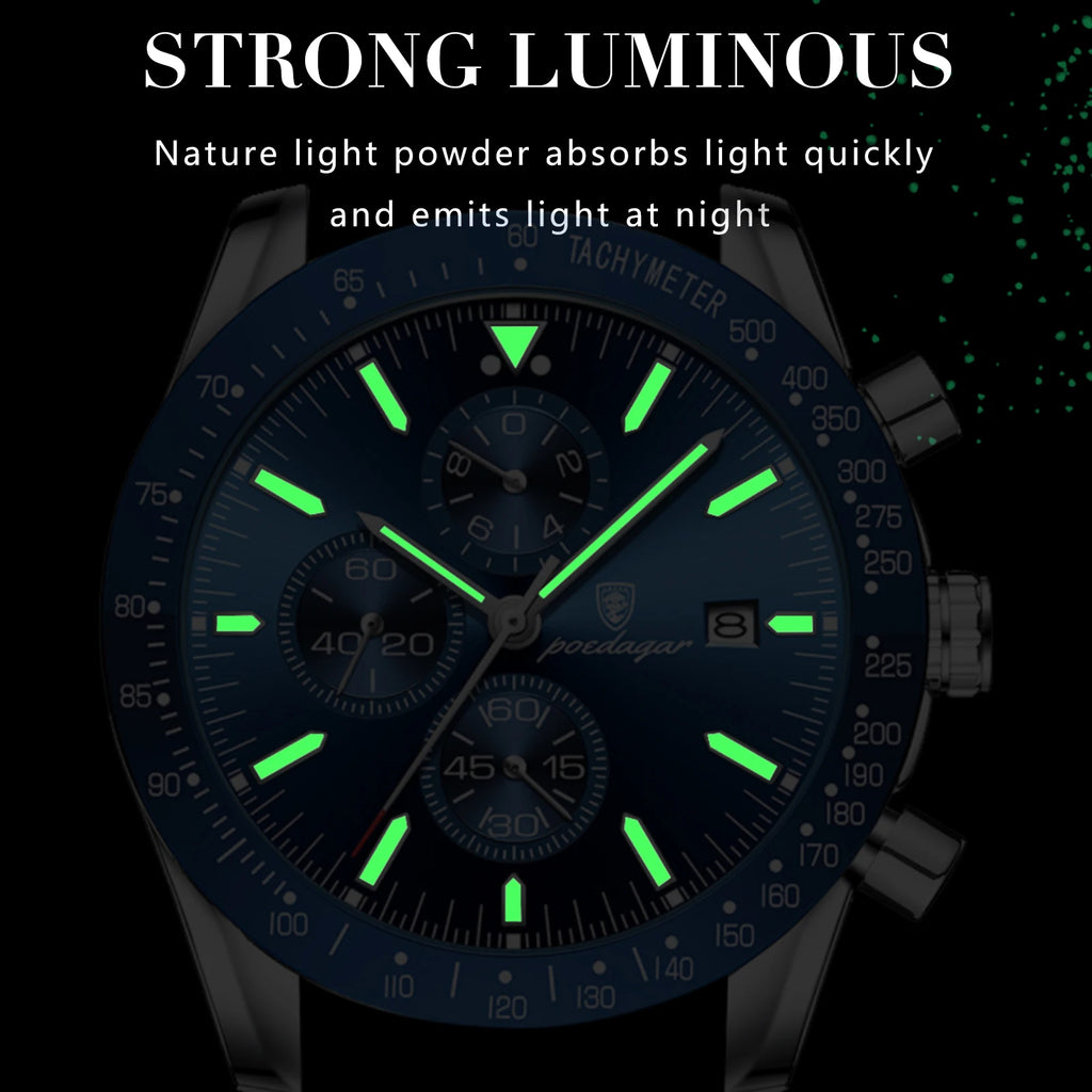 Dress Chronograph Watch – Luminous Dial with Safety Clasp Bracelet
