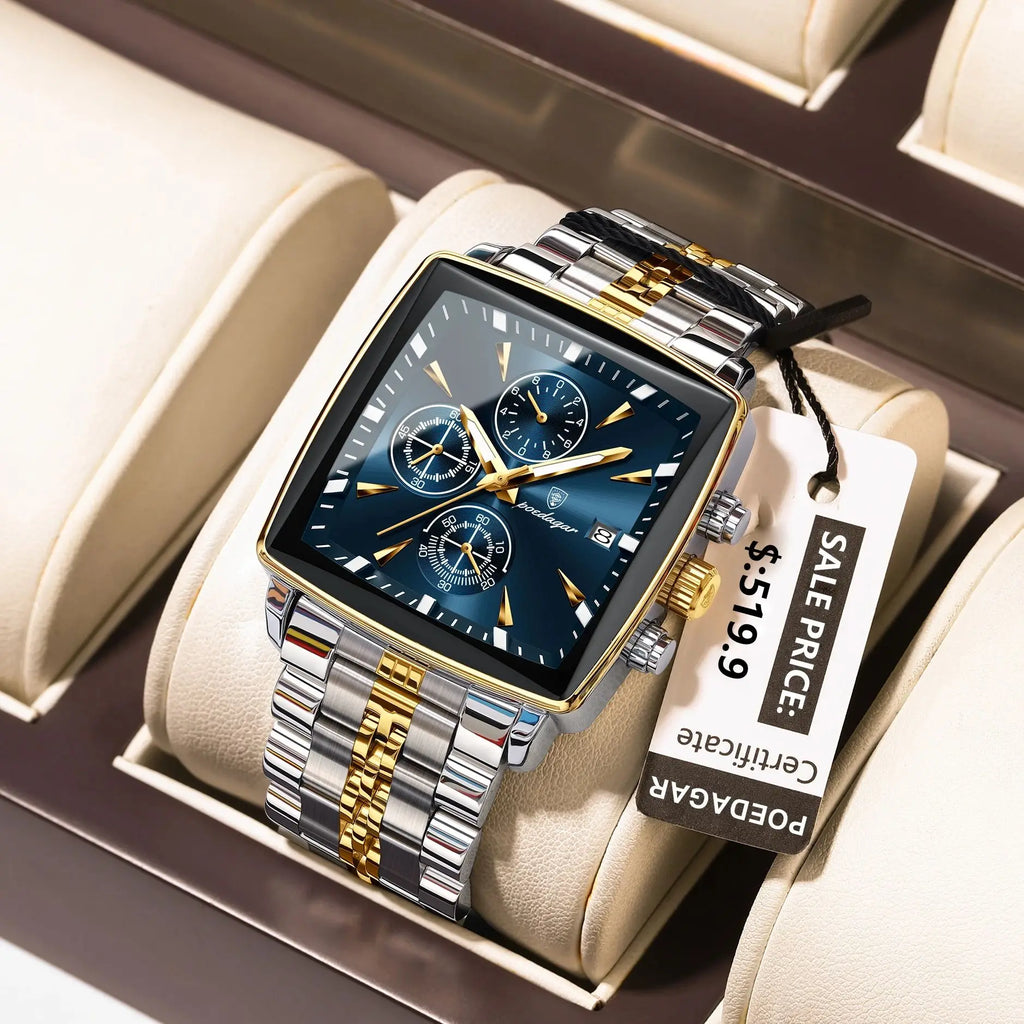 Square Chronograph Watch – Numberless Dial with Hidden Clasp Bracelet
