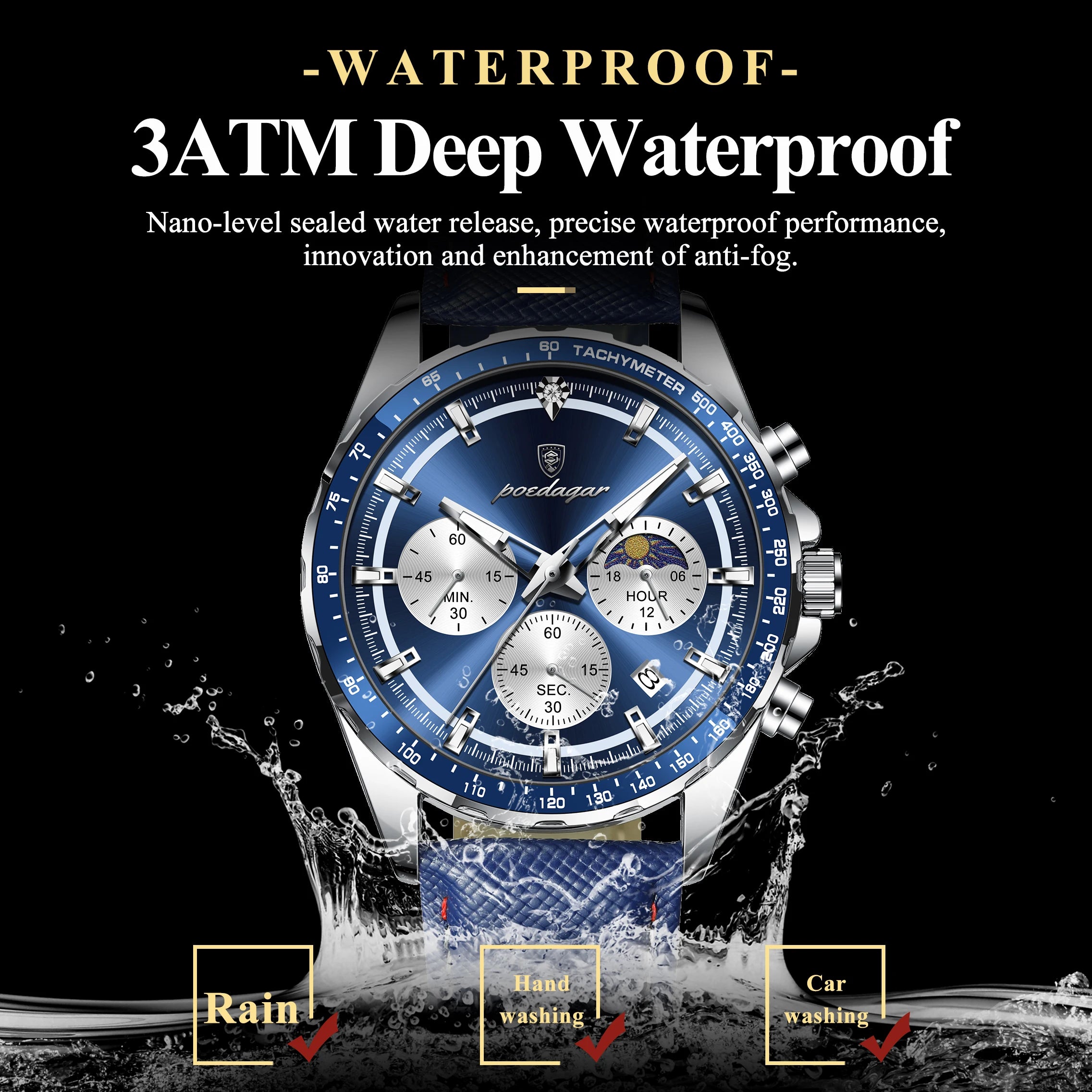 Leather Chronograph Watch – Luminous Dial with Date