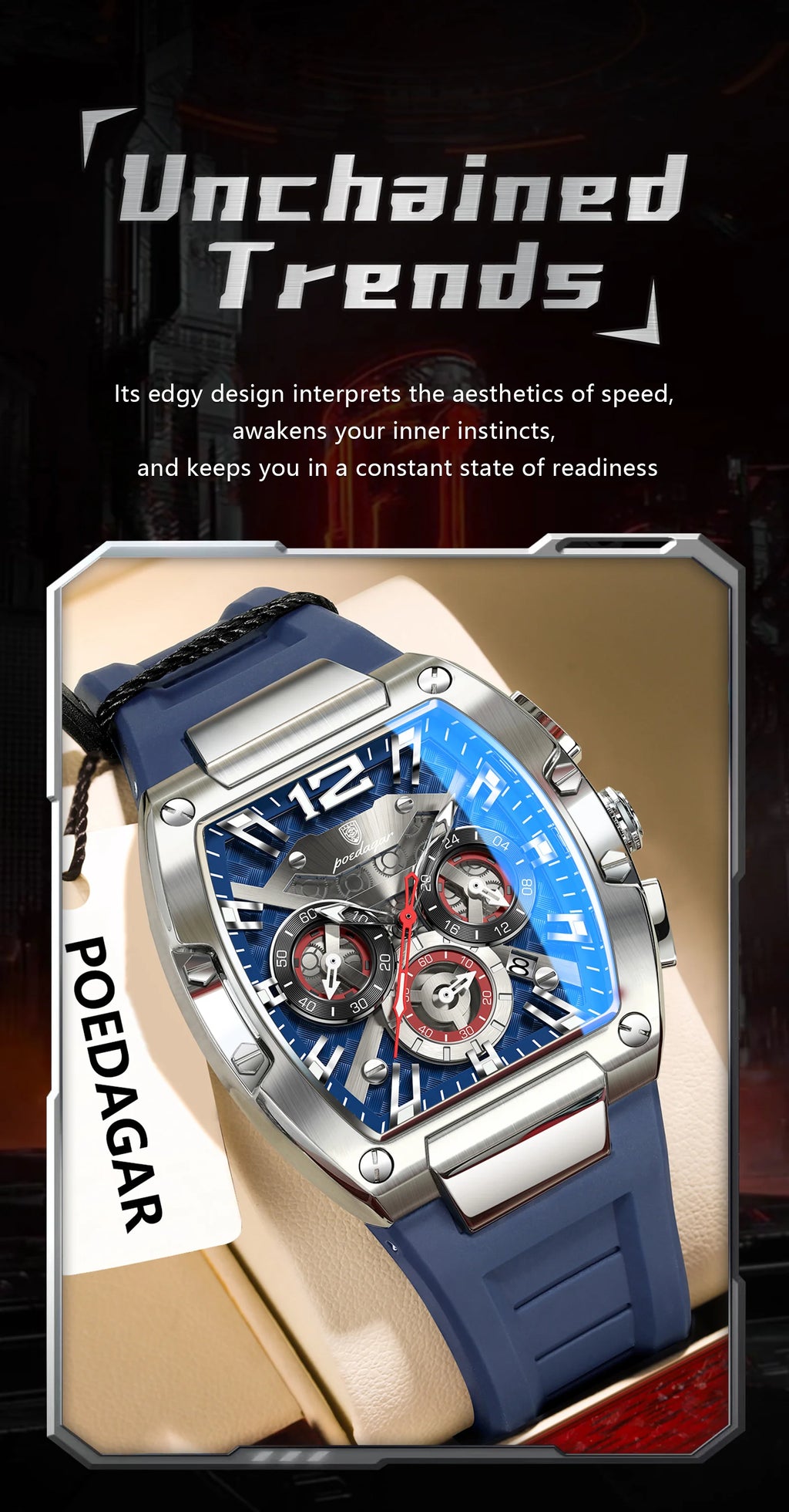 Tonneau Chronograph Watch – Luminous Arabic Dial with Silicone Strap