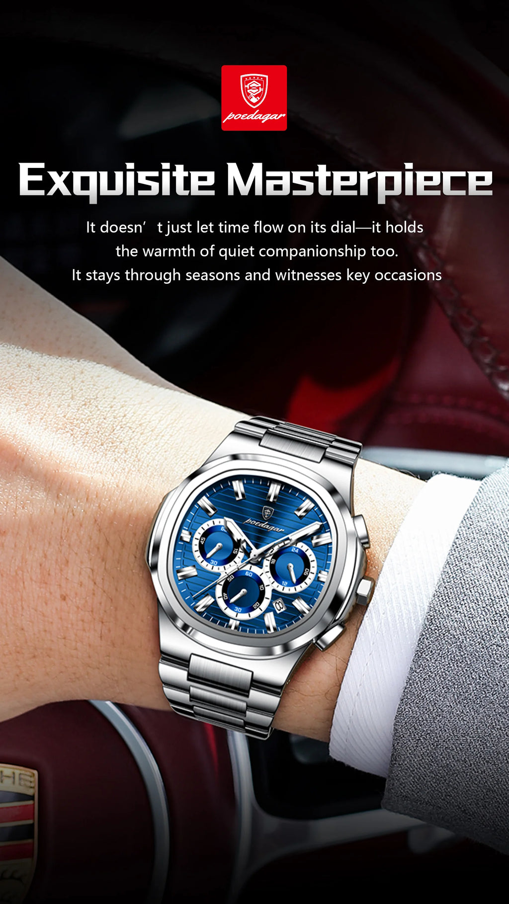 Square Chronograph Watch – Luxe Leather Strap with Luminous Dial & Date