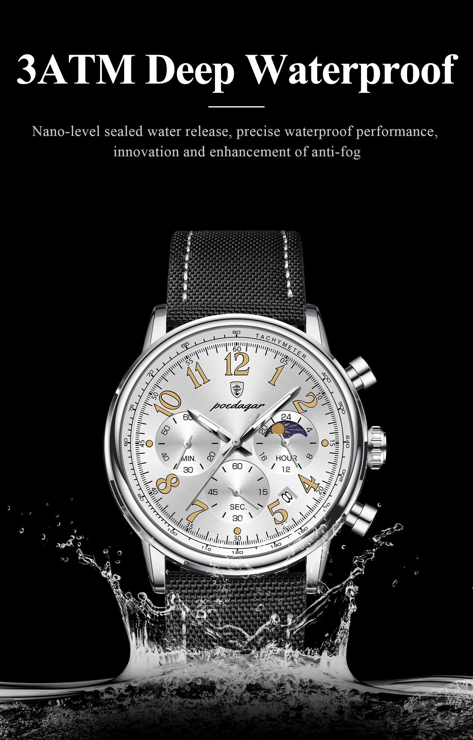 Classic Chronograph Watch – Luminous Arabic Dial with Nylon Strap