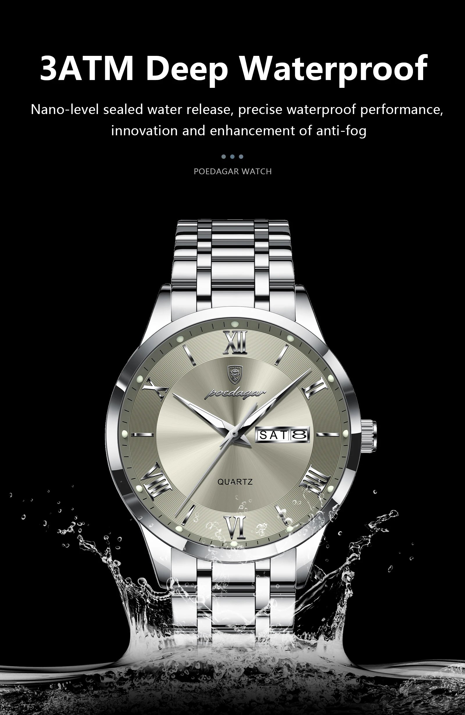 Roman Numeral Full Calendar Watch – Luminous Dial with Hidden Clasp Bracelet