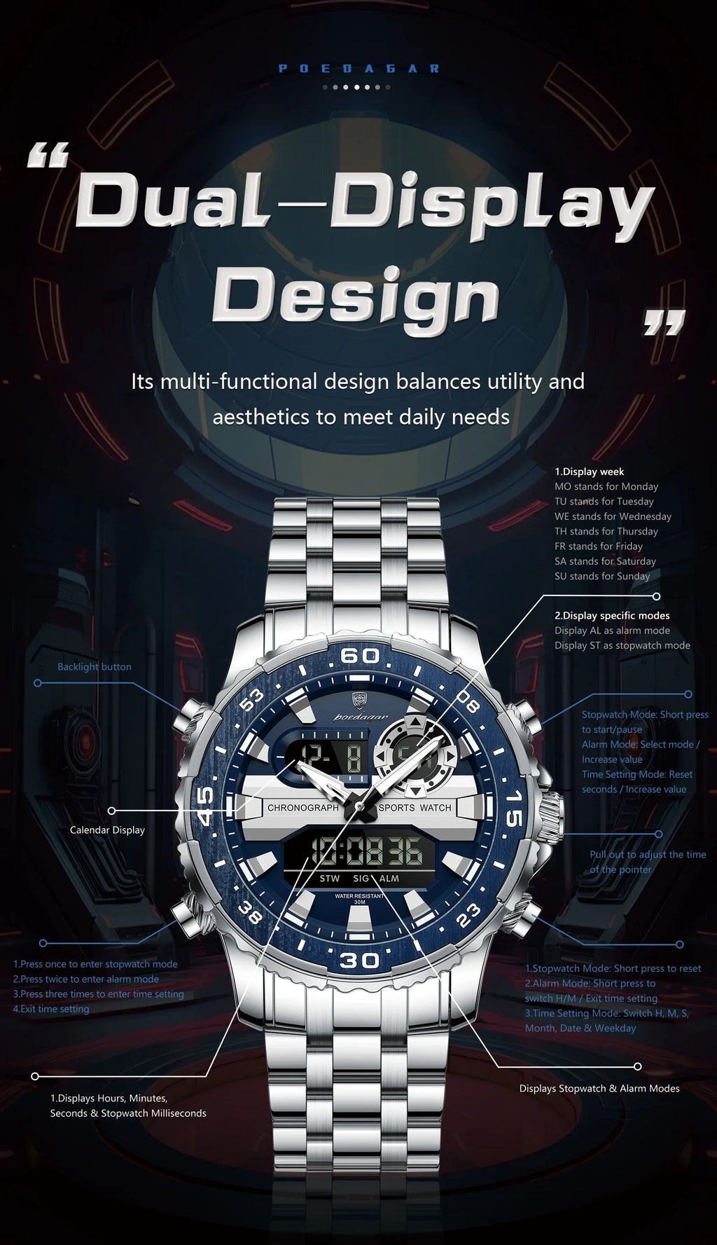 Square Chronograph Watch – Large Numberless Dial with Hidden Clasp Bracelet