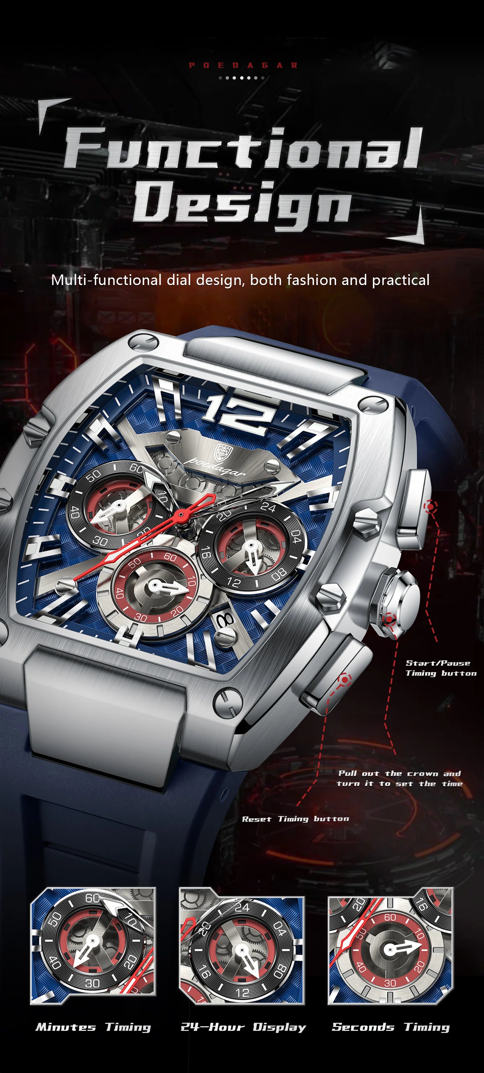 Bold Tonneau Timepiece – Luminous Chronograph with Premium Silicone Strap