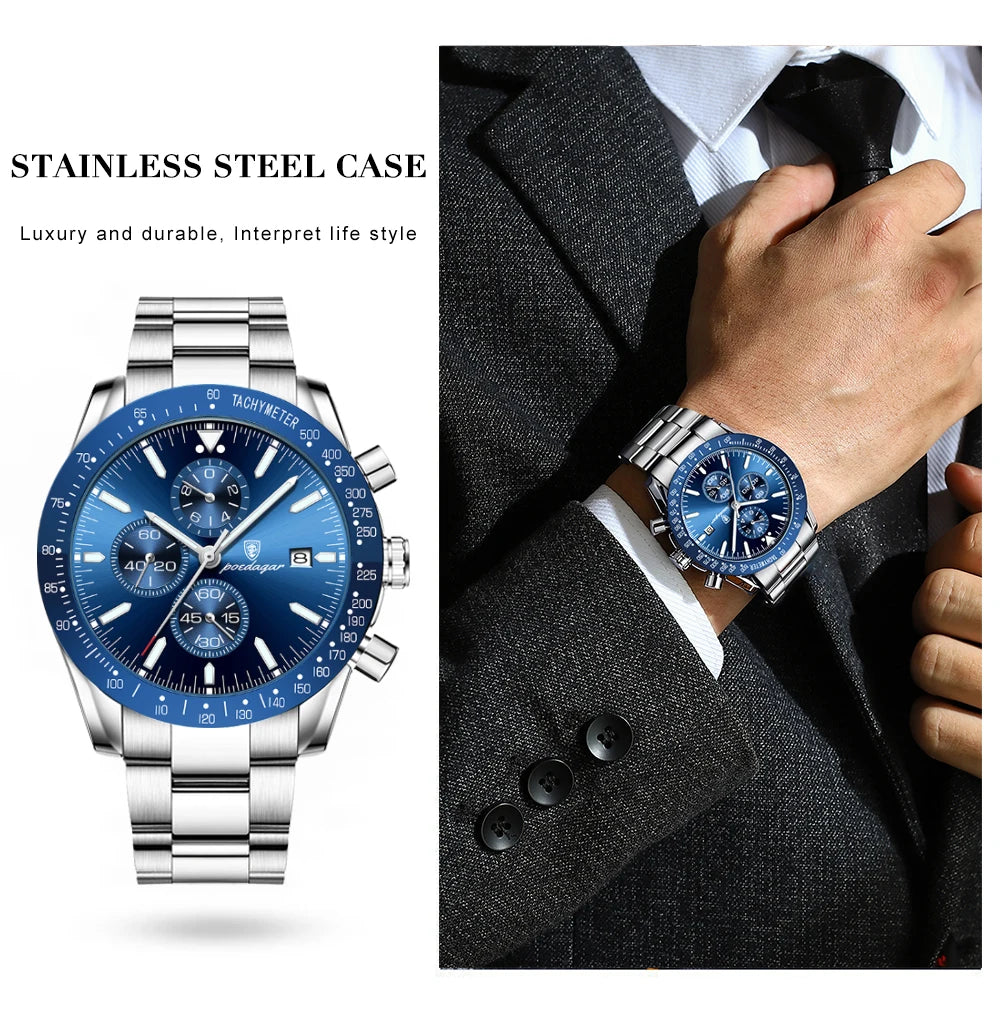 Dress Chronograph Watch – Luminous Dial with Safety Clasp Bracelet