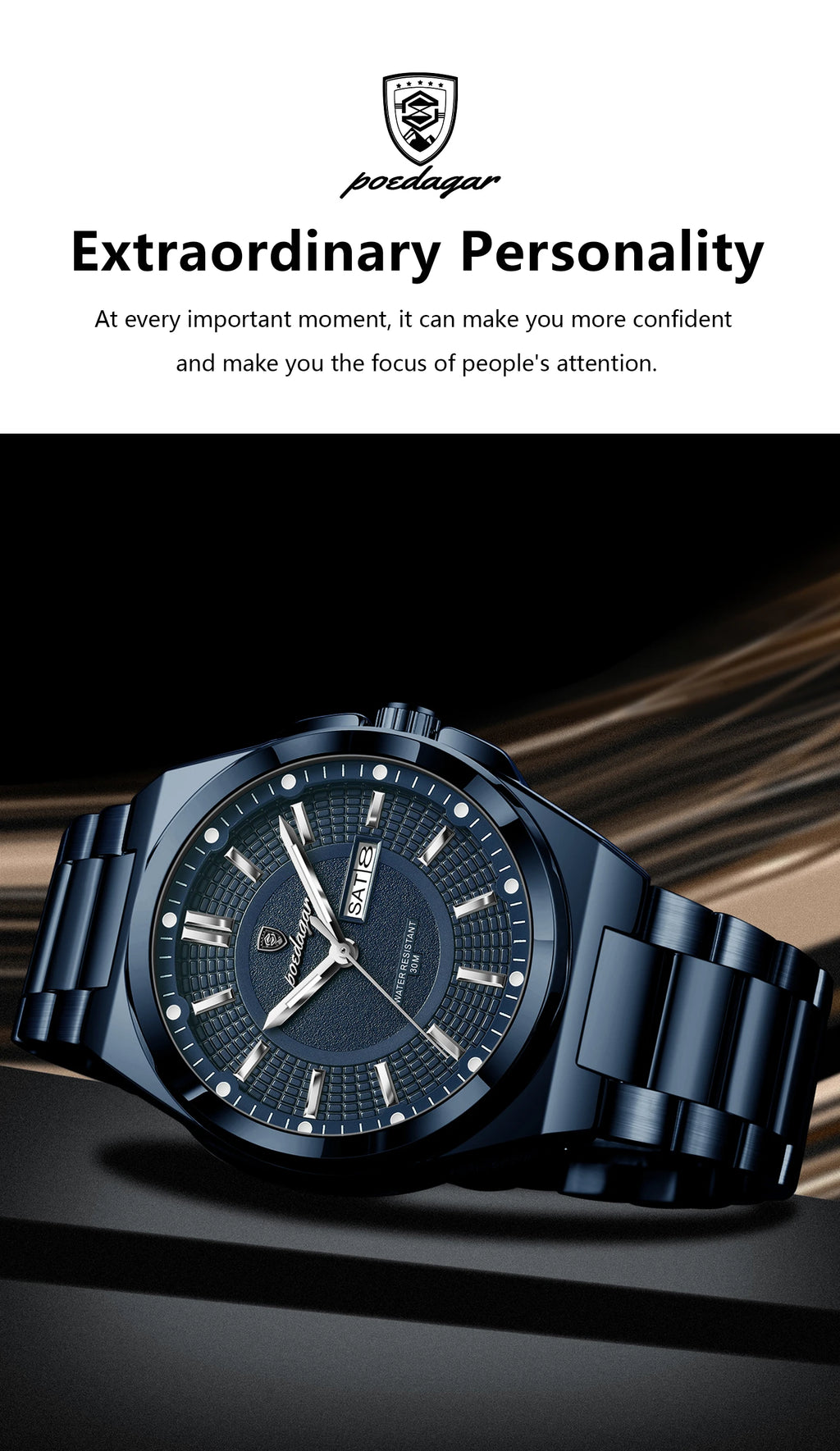 Full Calendar Sport Watch – Luminous Dial with Hidden Clasp Bracelet