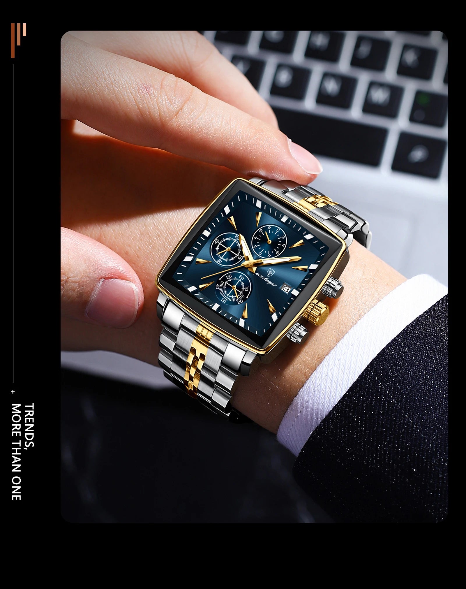 Square Chronograph Watch – Numberless Dial with Hidden Clasp Bracelet