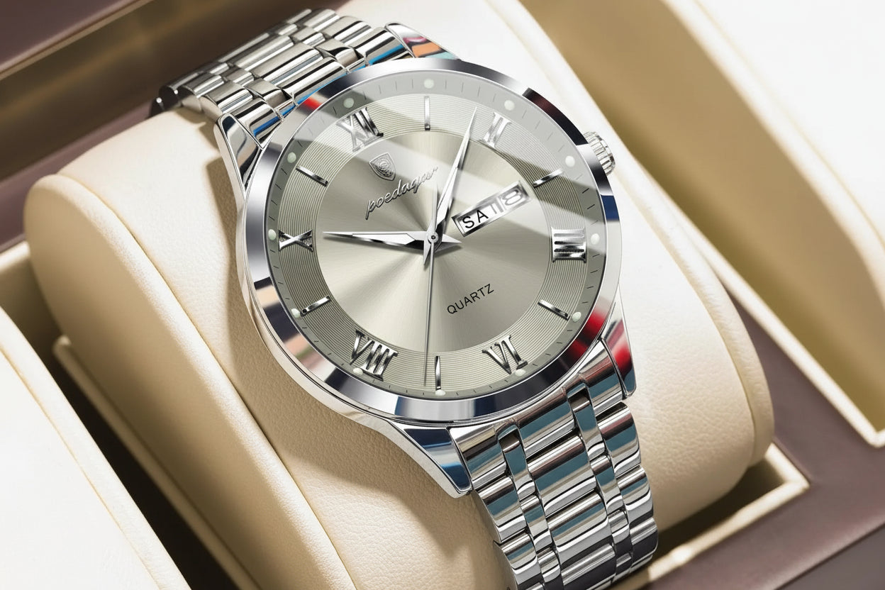 Roman Numeral Full Calendar Watch – Luminous Dial with Hidden Clasp Bracelet