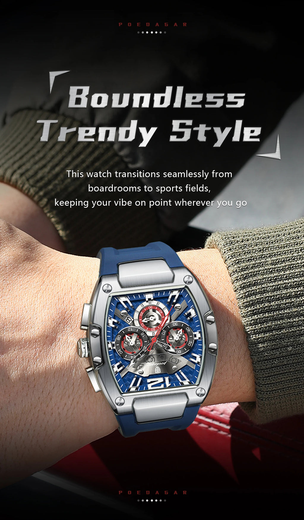 Bold Tonneau Timepiece – Luminous Chronograph with Premium Silicone Strap