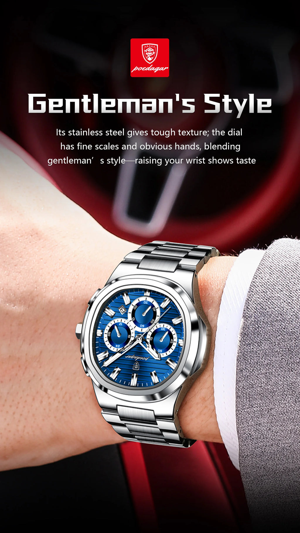 Square Chronograph Watch – Luxe Leather Strap with Luminous Dial & Date