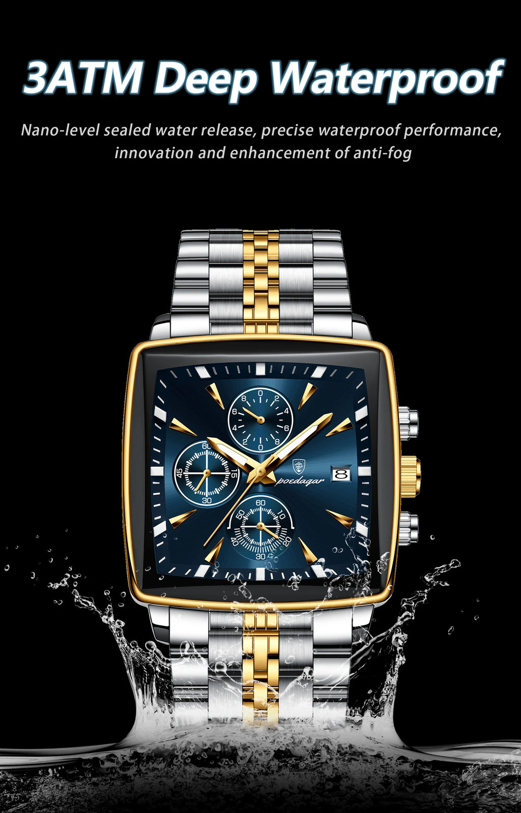 Square Chronograph Watch – Numberless Dial with Hidden Clasp Bracelet